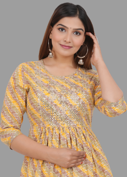House of RP Women's Yellow Cotton Laheriya Print Embroidered Flared Kurta
