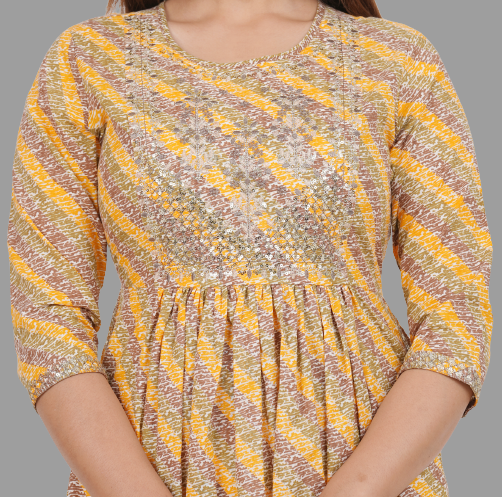House of RP Women's Yellow Cotton Laheriya Print Embroidered Flared Kurta