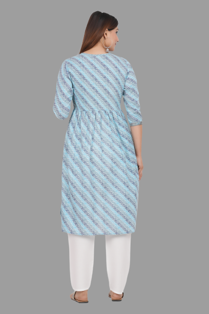 House of RP Women's SkyBlue Cotton Laheriya Print Embroidered Flared Kurta
