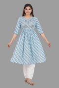 House of RP Women's SkyBlue Cotton Laheriya Print Embroidered Flared Kurta