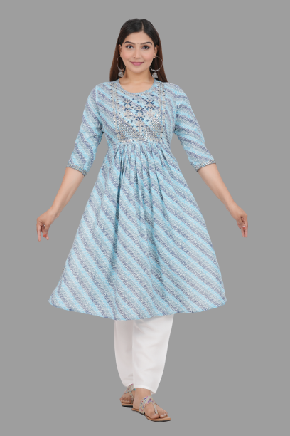 House of RP Women's SkyBlue Cotton Laheriya Print Embroidered Flared Kurta