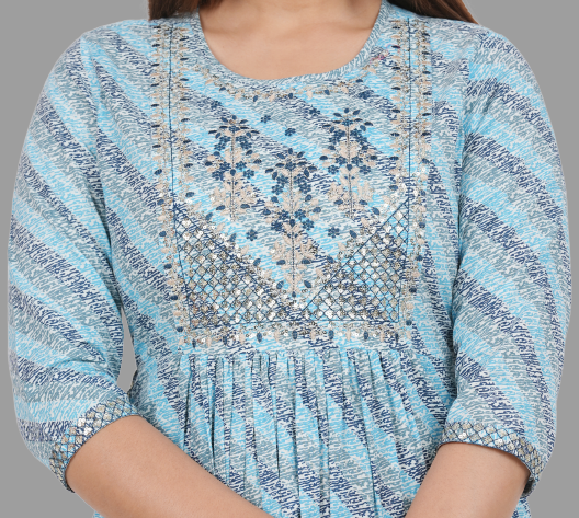 House of RP Women's SkyBlue Cotton Laheriya Print Embroidered Flared Kurta