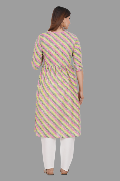 House of RP Women's Light Green Cotton Laheriya Print Embroidered Flared Kurta