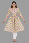 House of RP Women's Light Green Cotton Laheriya Print Embroidered Flared Kurta