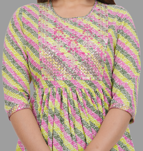 House of RP Women's Light Green Cotton Laheriya Print Embroidered Flared Kurta