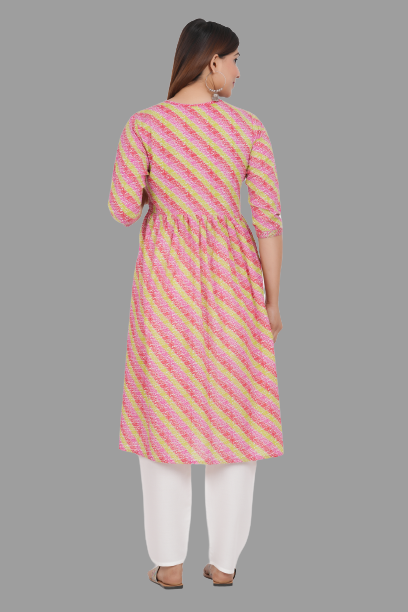 House of RP Women's Pink Cotton Laheriya Print Embroidered Flared Kurta
