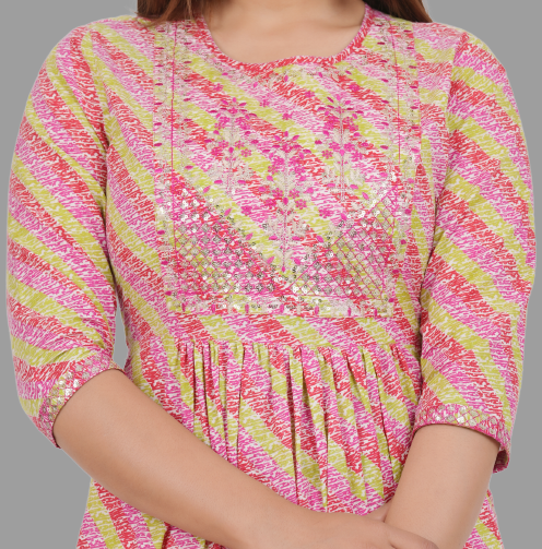 House of RP Women's Pink Cotton Laheriya Print Embroidered Flared Kurta