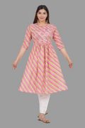 House of RP Women's Pink Cotton Laheriya Print Embroidered Flared Kurta