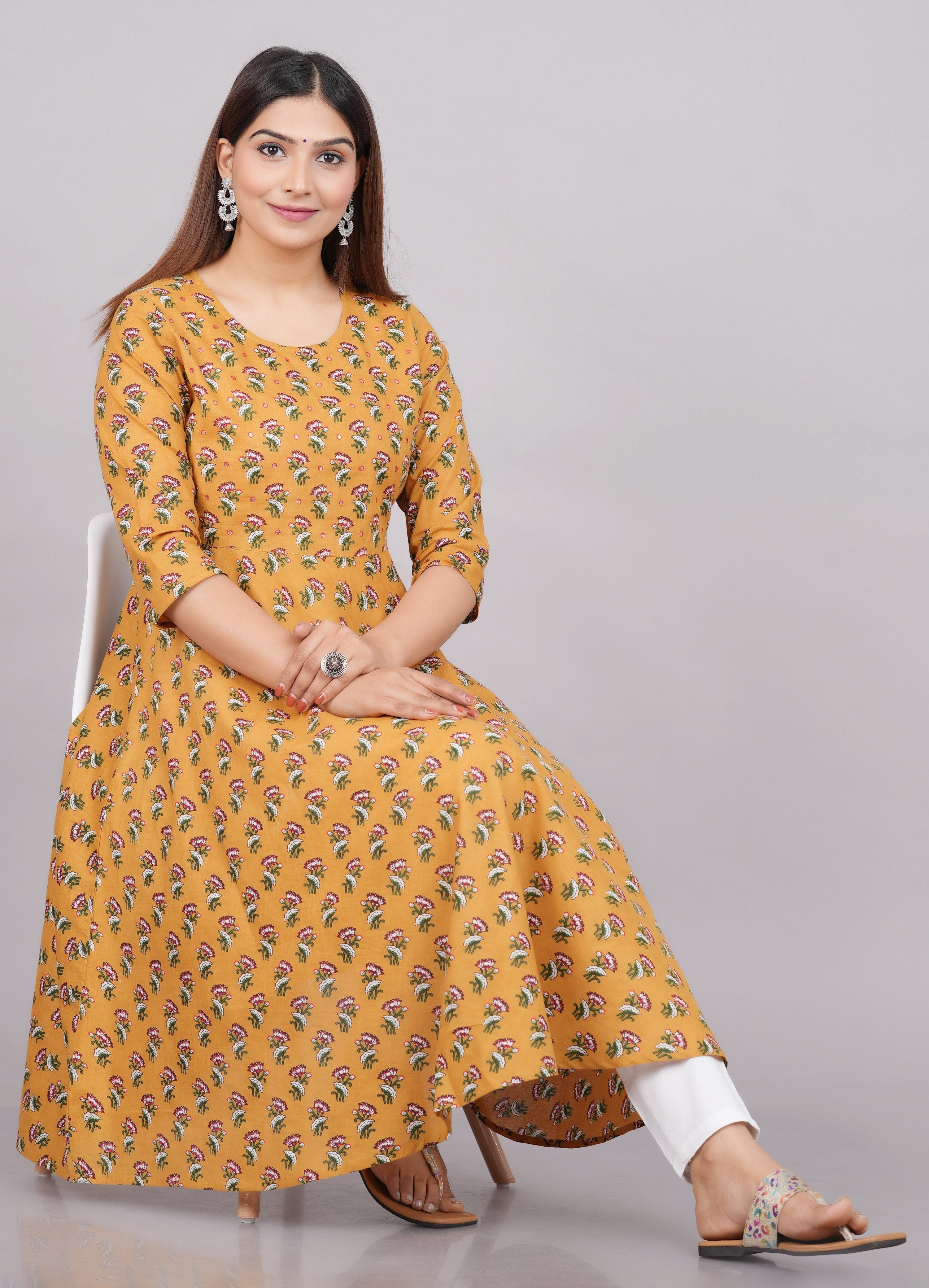 House of RP Women Mustard Cotton Floral Print Anarkali Kurta