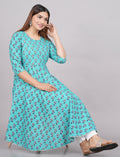 House of RP Women Turquoise Cotton Floral Print Anarkali Kurta