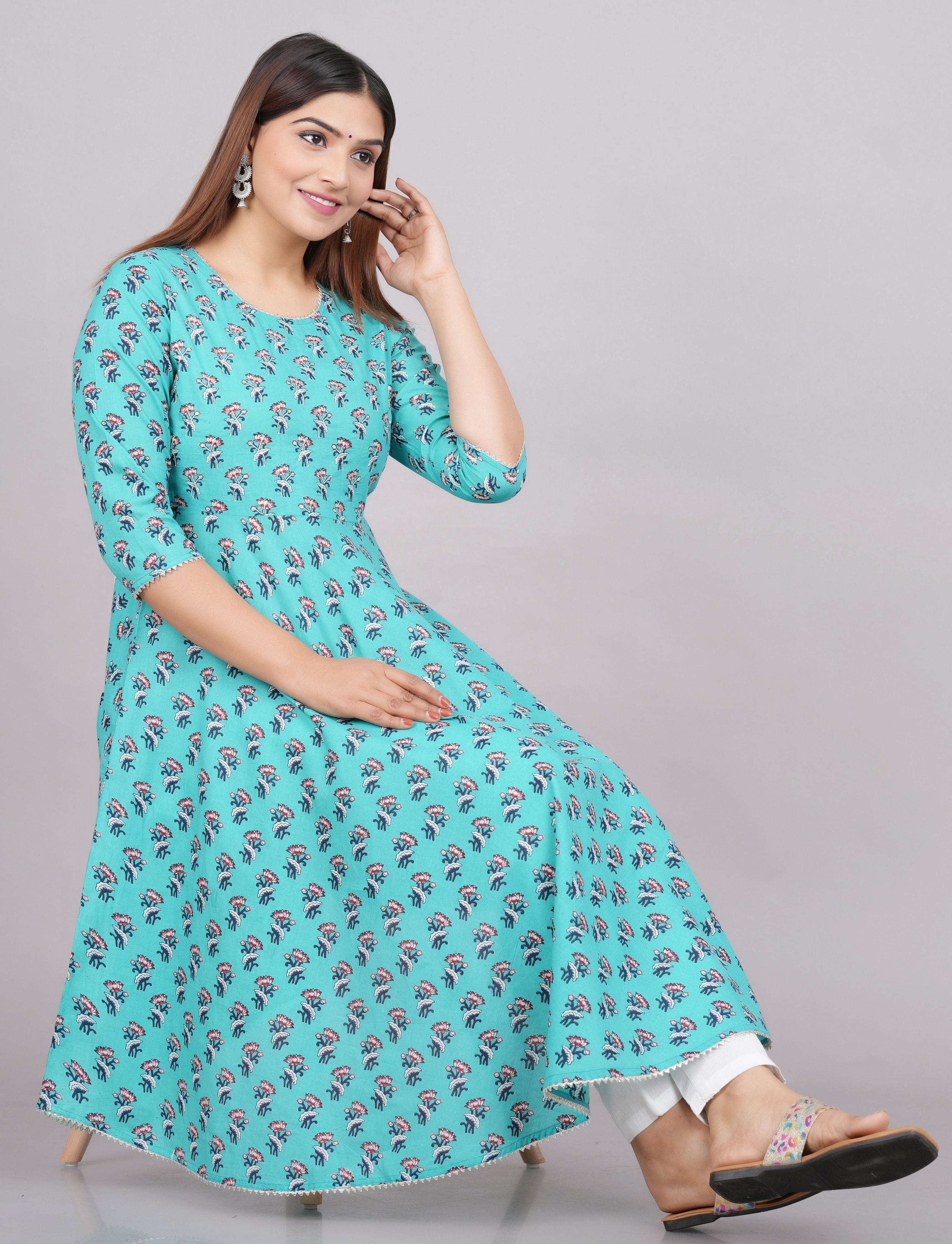House of RP Women Turquoise Cotton Floral Print Anarkali Kurta