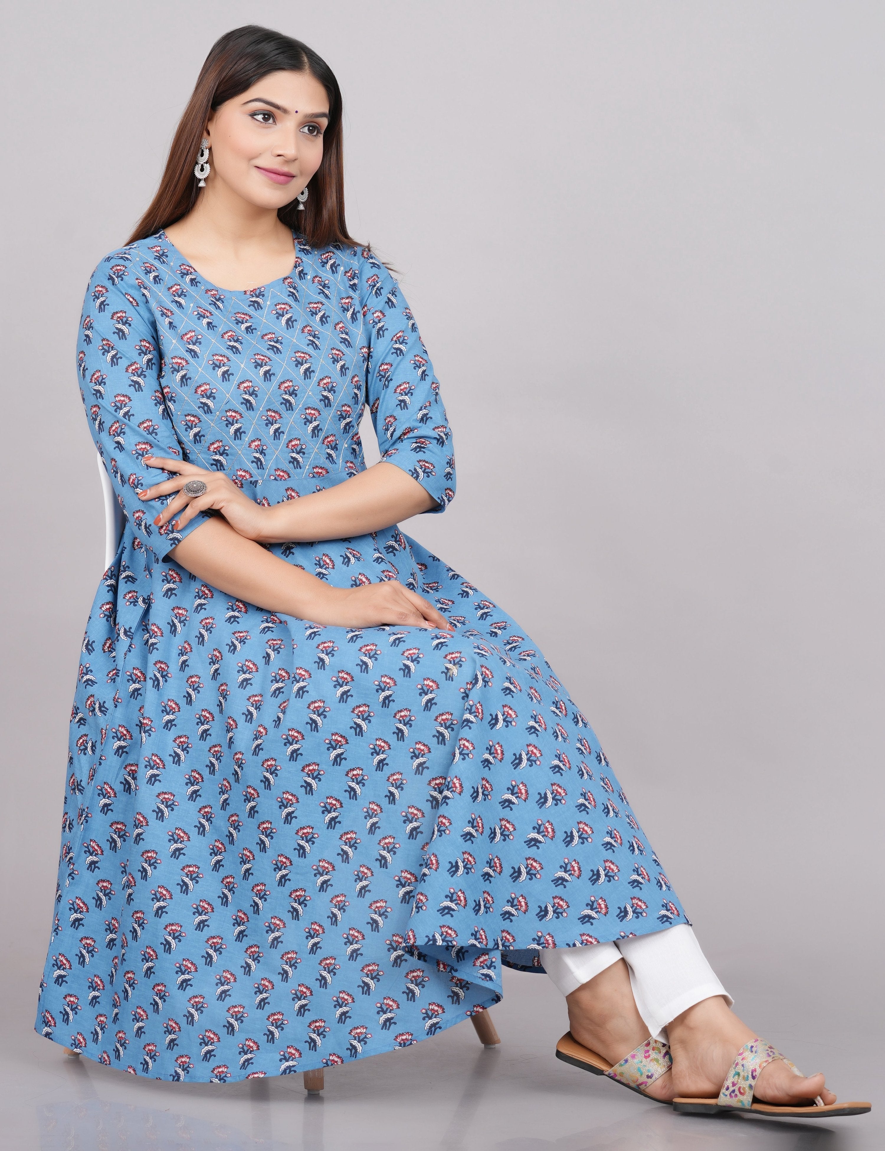 House of RP Women Aqua Blue Cotton Floral Print Anarkali Kurta