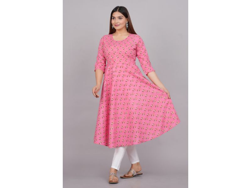 House of RP Women Pink Cotton Floral Print Anarkali Kurta