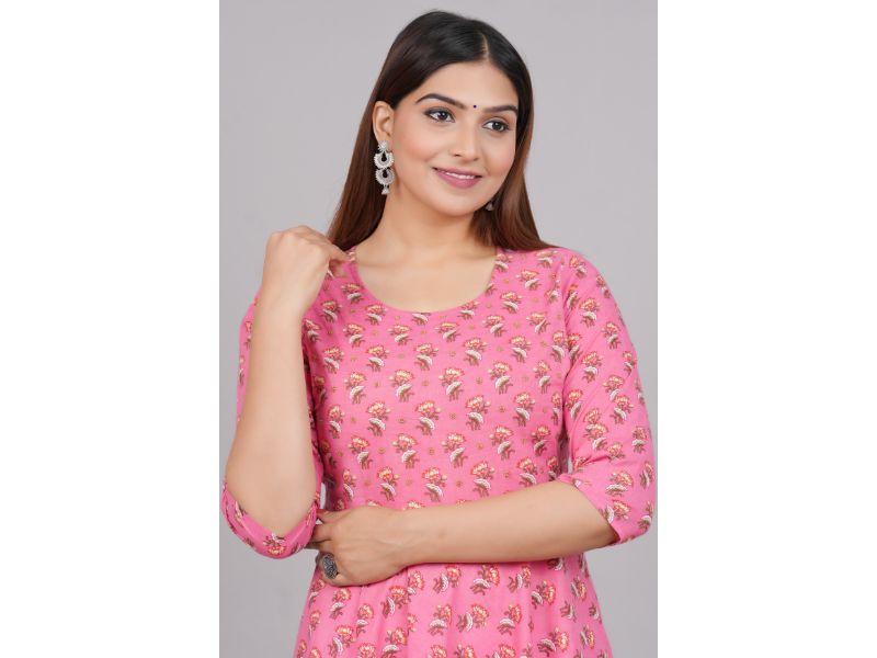 House of RP Women Pink Cotton Floral Print Anarkali Kurta
