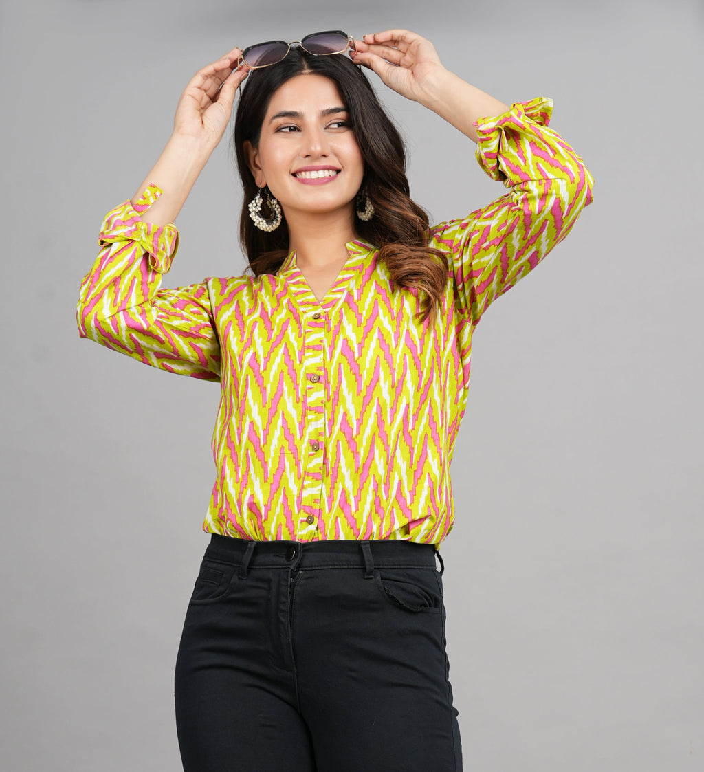 House of RP Women Cotton Yellow Print Casual Shirt