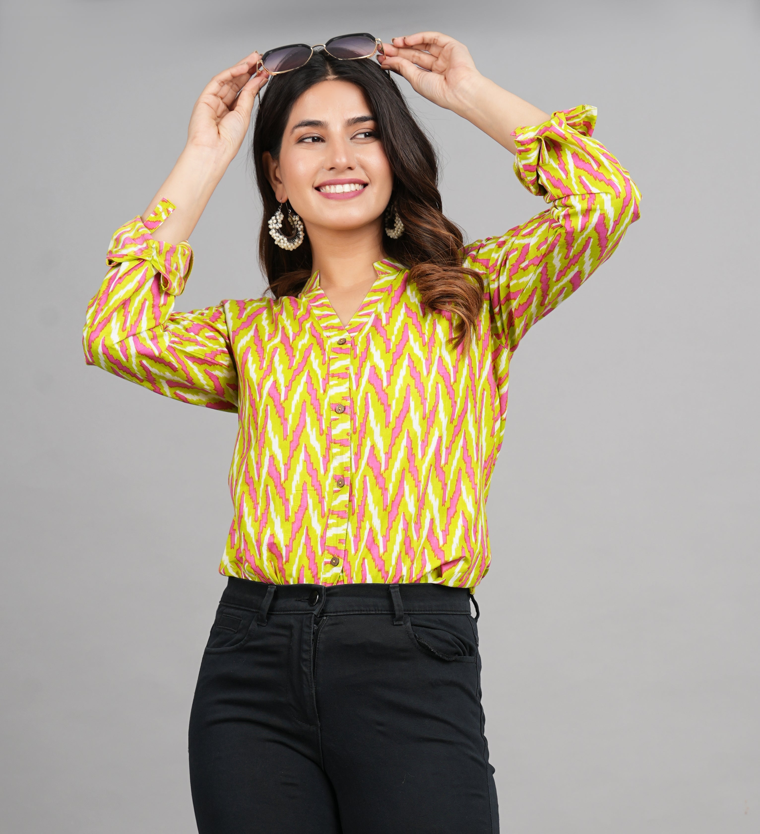 House of RP Women Cotton Yellow Print Casual Shirt