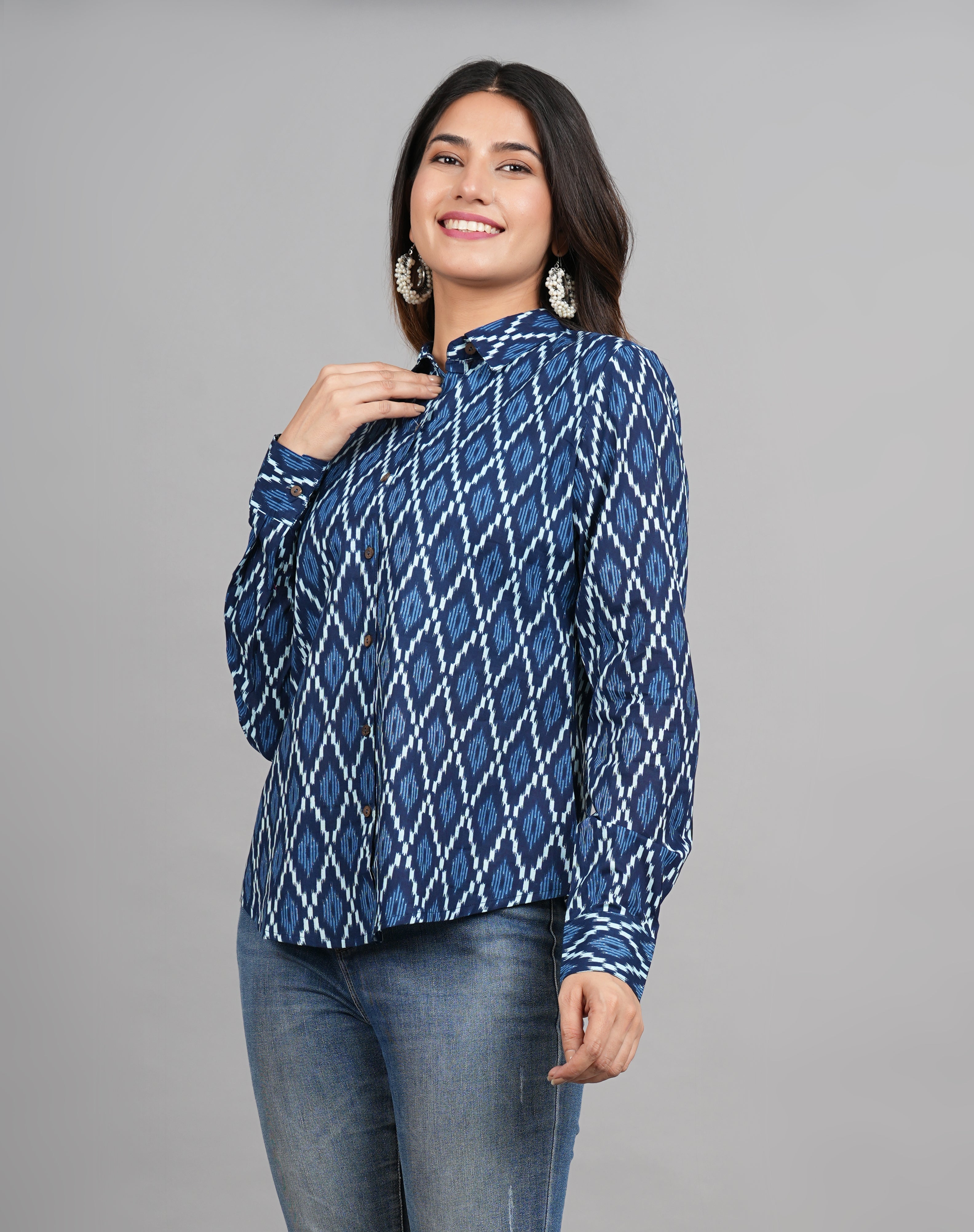 House of RP Women Cotton Blue Print Casual Shirt