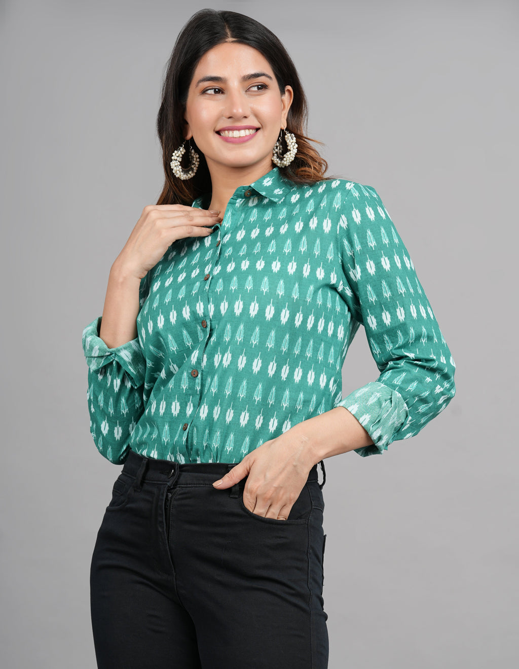 House of RP Women Cotton Green Print Casual Shirt
