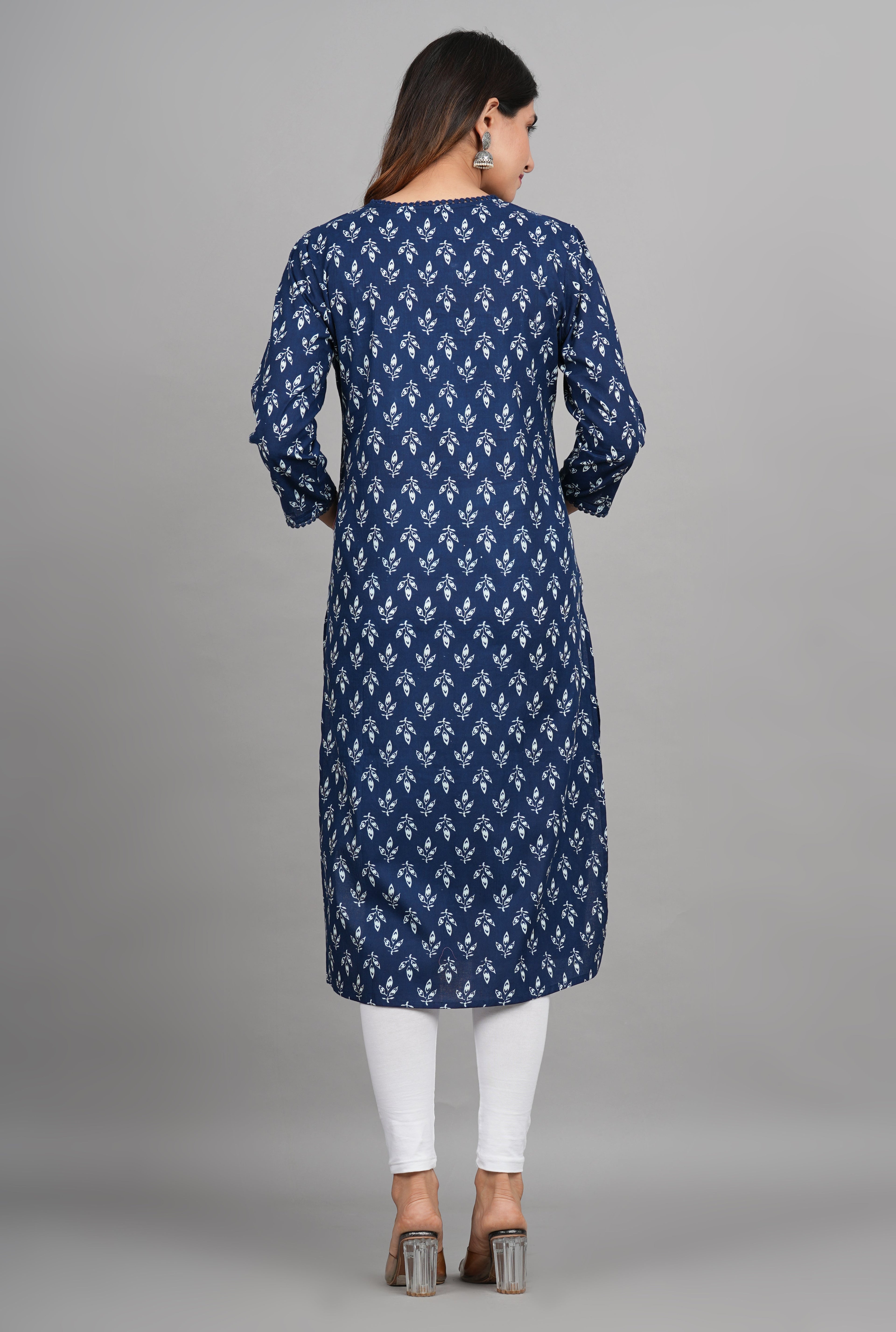 House of RP Women Cotton Blue Floral Print Straight Kurta