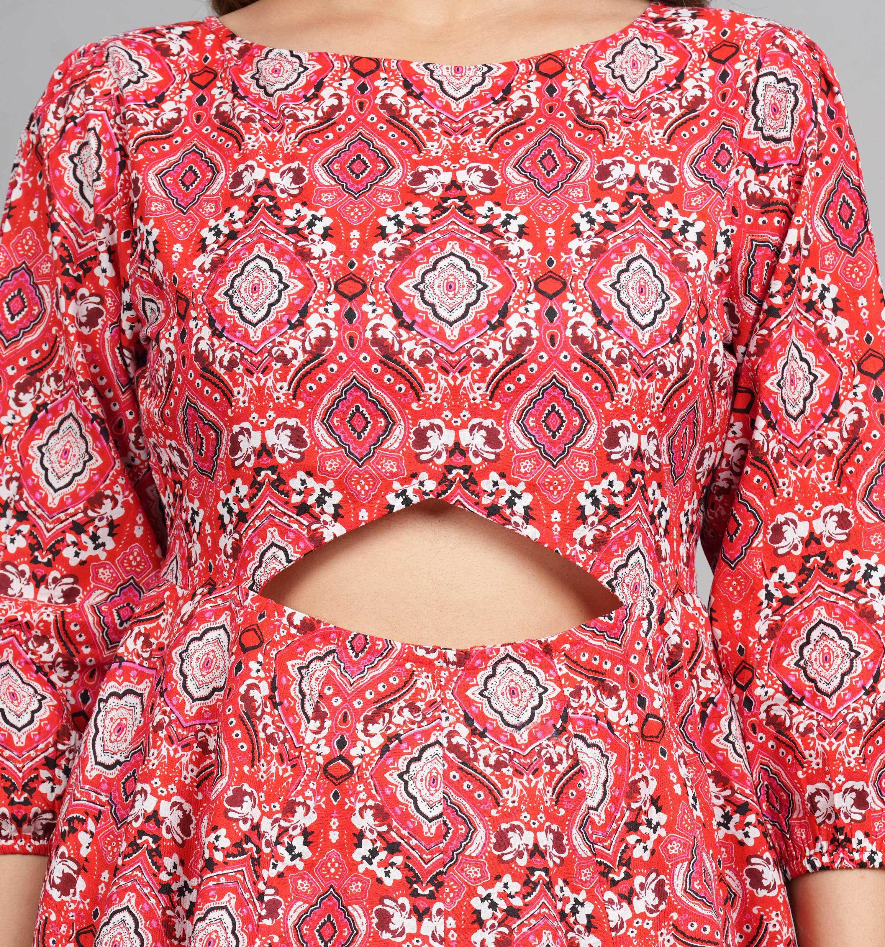 House of RP Women Cotton Red Fit and Flare Short Dress
