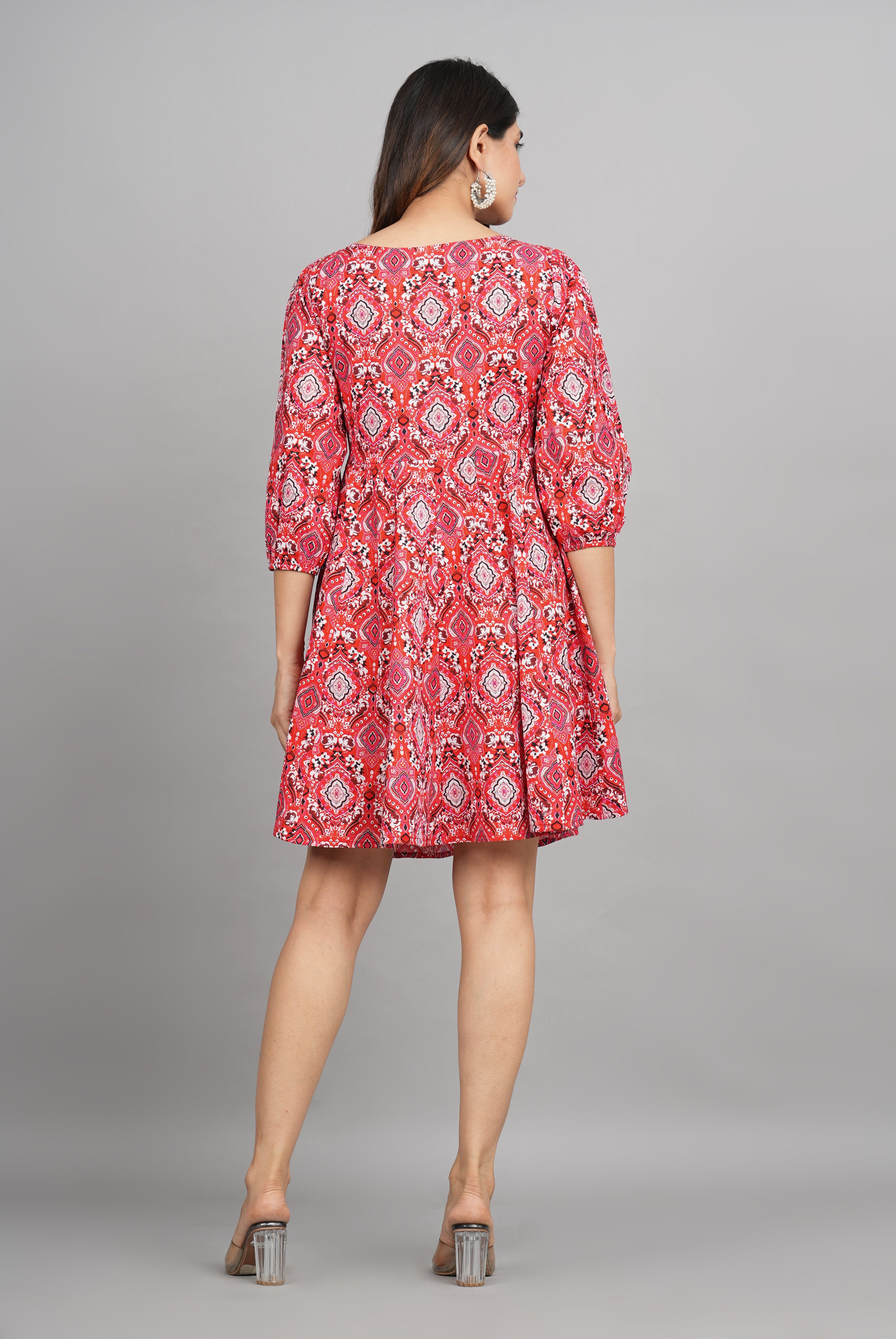 House of RP Women Cotton Red Fit and Flare Short Dress