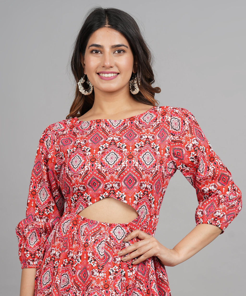 House of RP Women Cotton Red Fit and Flare Short Dress