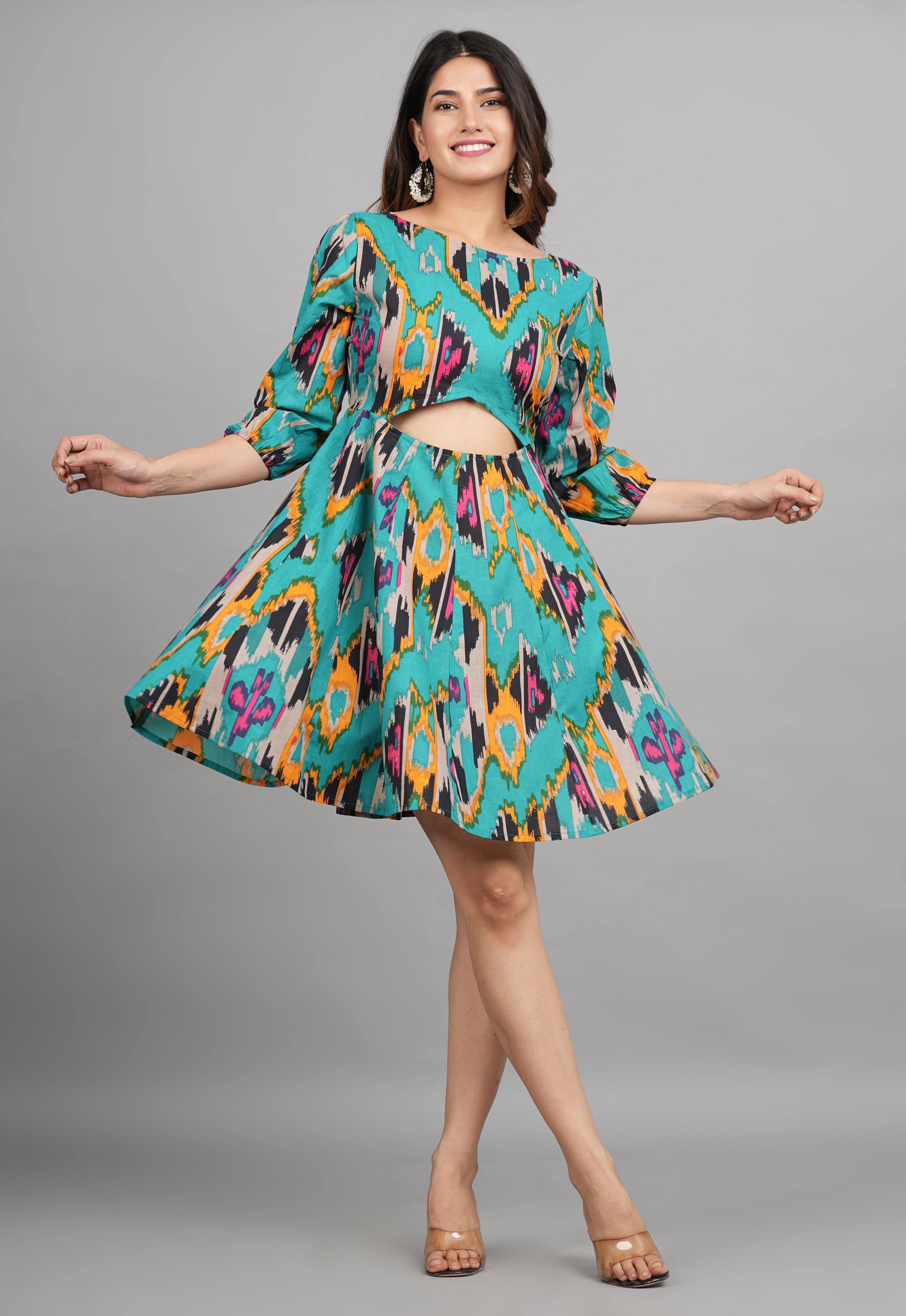 House of RP Women Cotton Green Fit and Flare Short Dress
