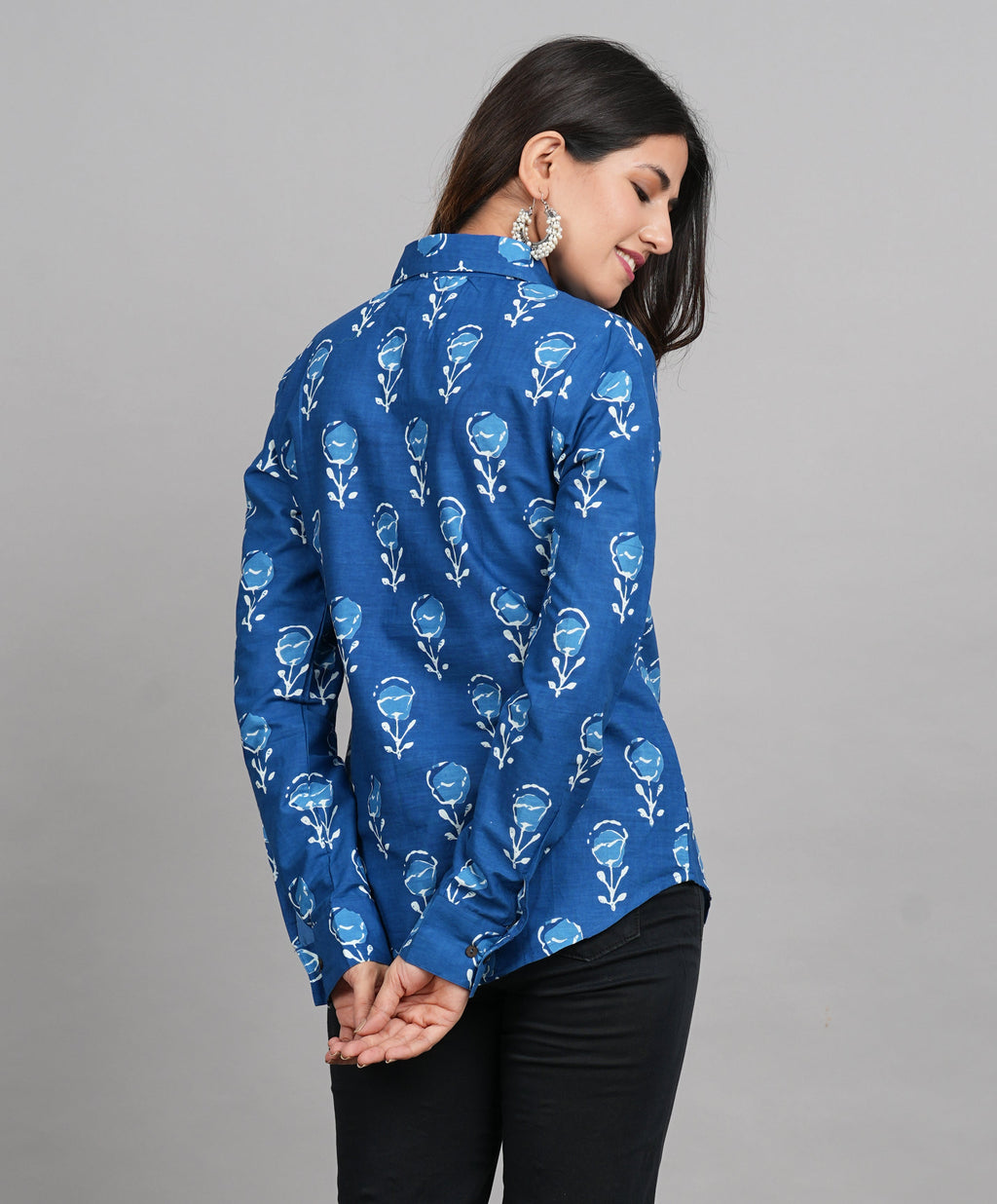House of RP Women Light Blue Cotton Floral Print Casual Shirt