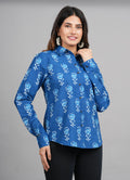 House of RP Women Light Blue Cotton Floral Print Casual Shirt