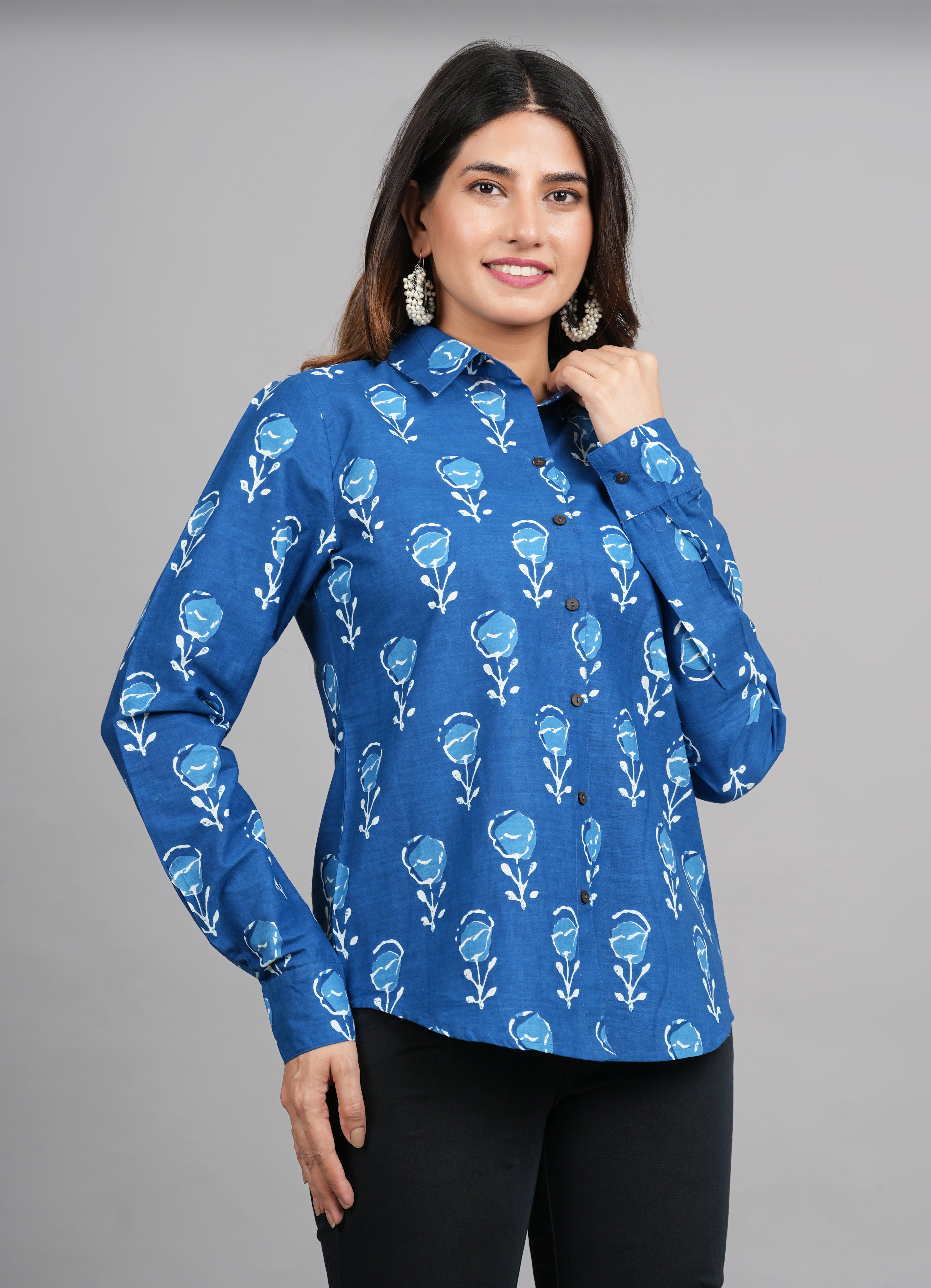 House of RP Women Light Blue Cotton Floral Print Casual Shirt
