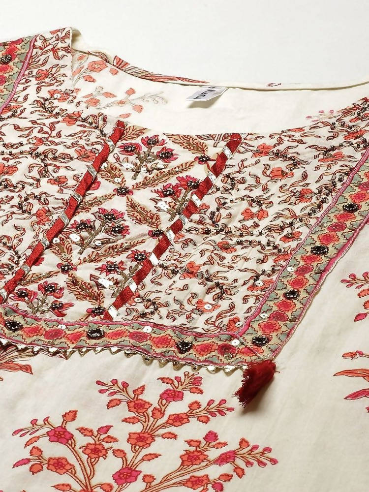 Yufta Women Off White printed Kurta with Trouser & With Dupatta