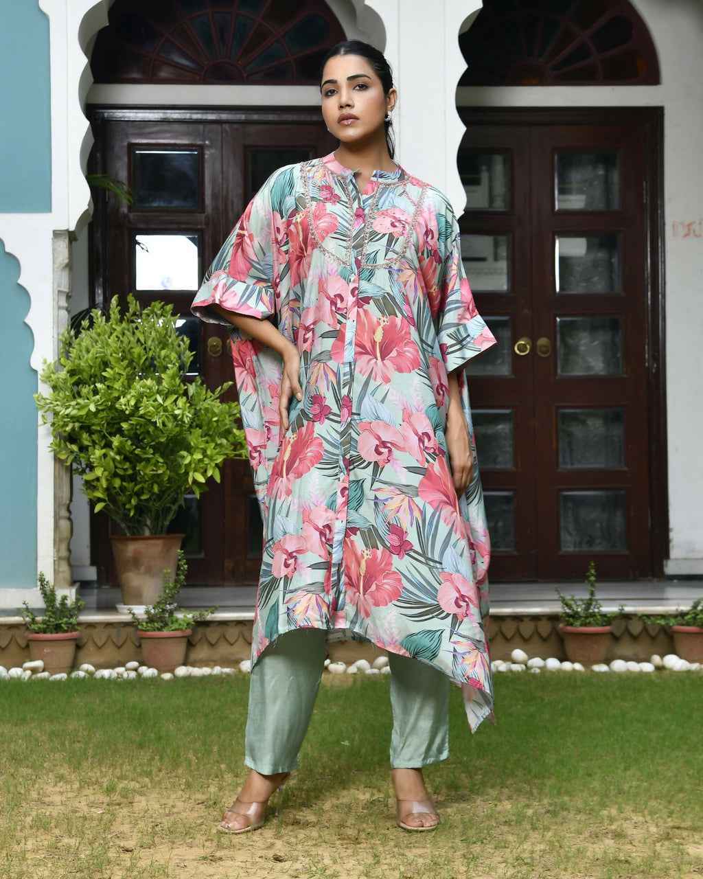 Vaasva Women's Aqua Musline Viscose Digital Printed Kaftan Pant Set