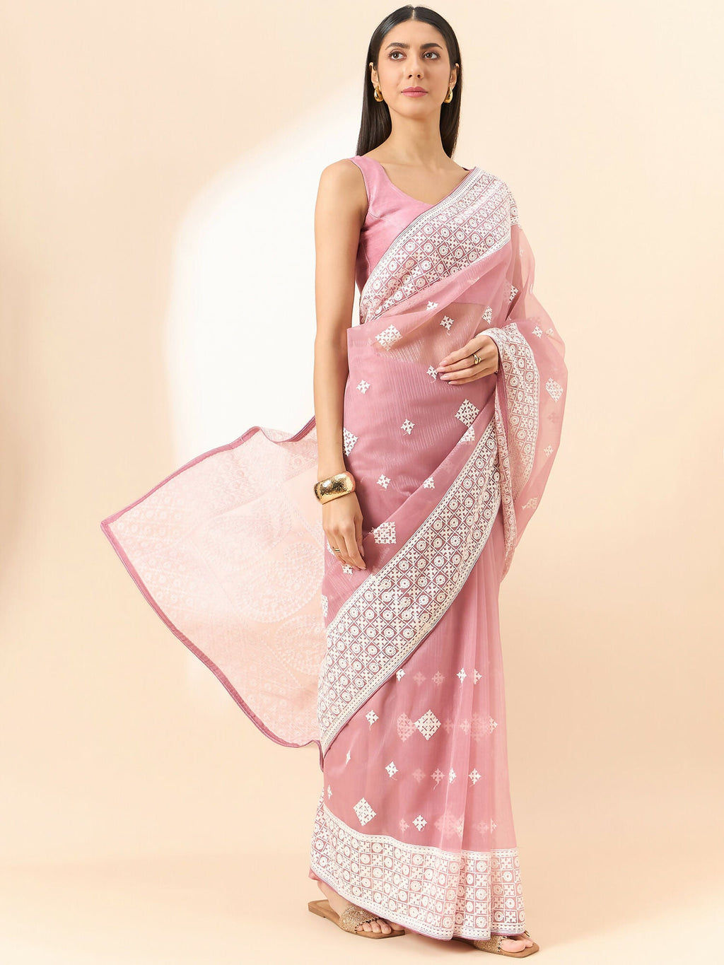 Pink Organza Geometric Embroidered Saree with Unstitched Blouse Piece - Roozal