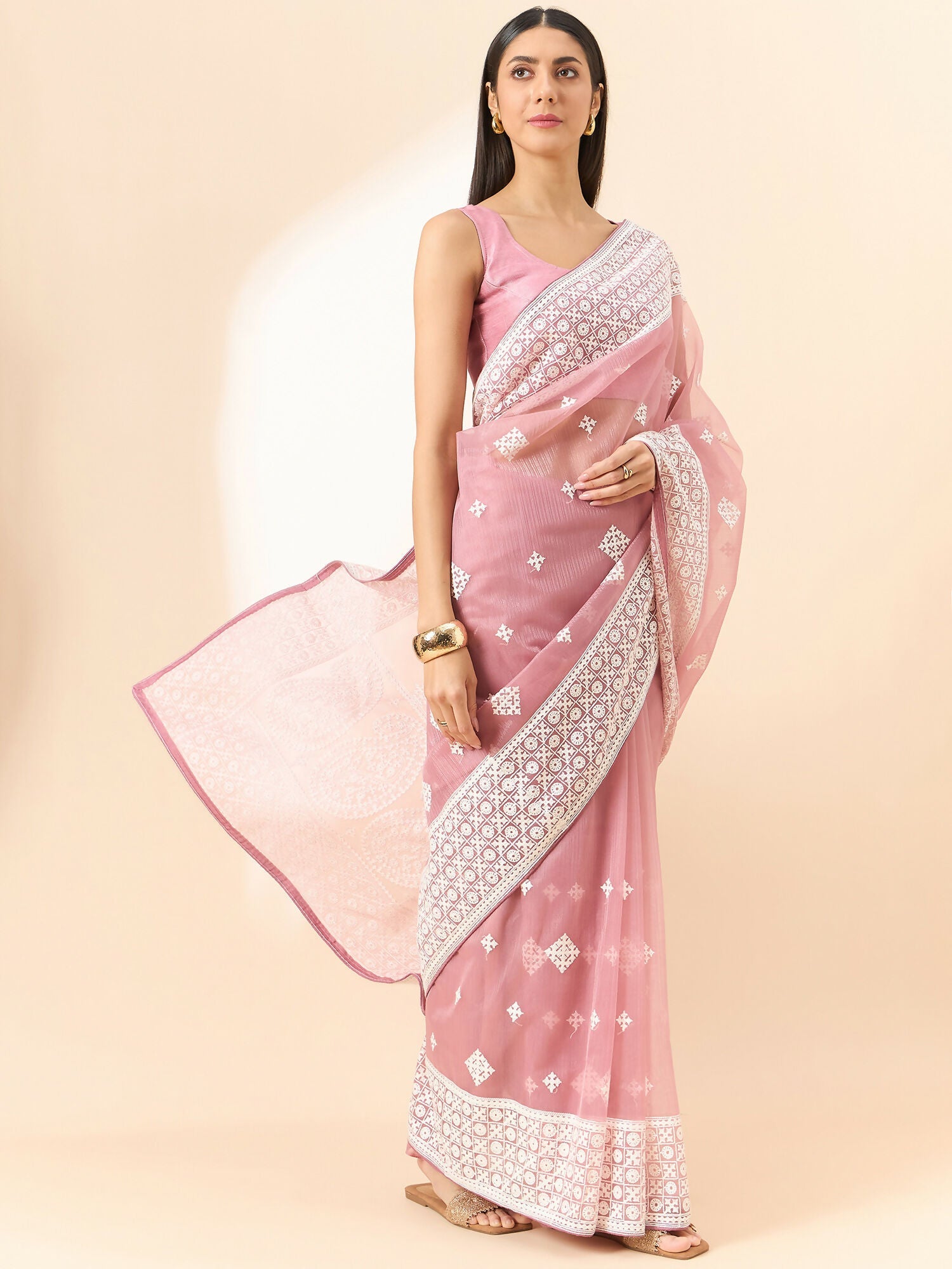 Pink Organza Geometric Embroidered Saree with Unstitched Blouse Piece - Roozal
