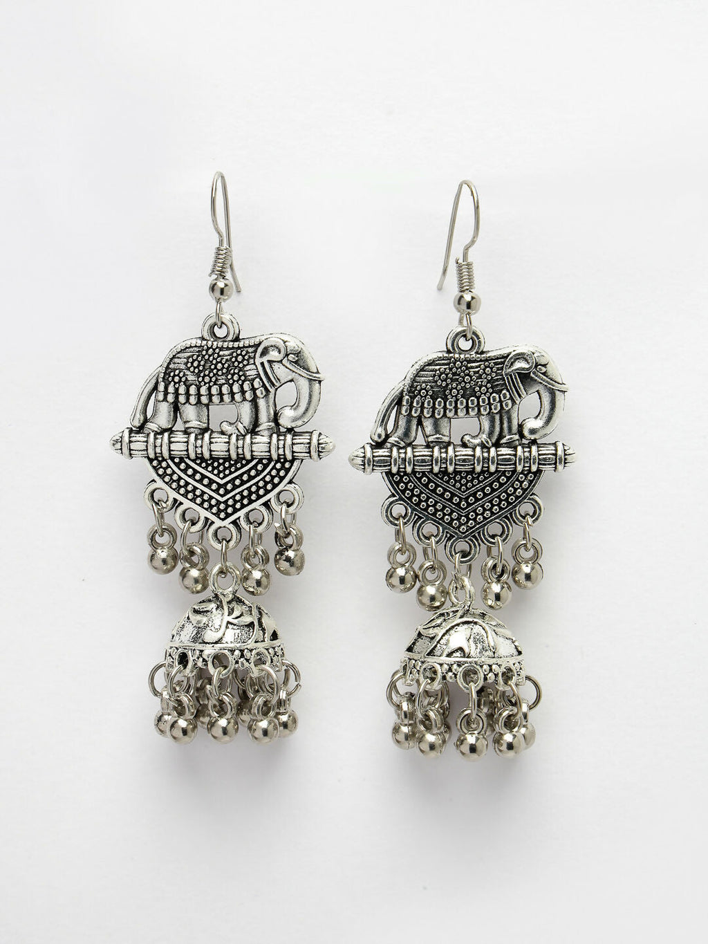 NVR Women's Silver-Toned Elephant Design German Silver Oxidised Dome Shaped Jhumka Earrings