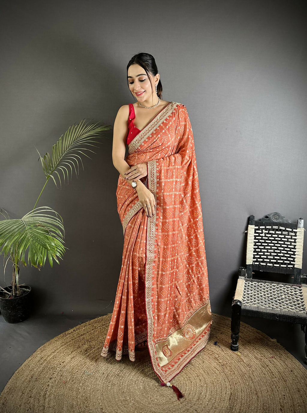 Joban Fashion Peach Bandhej Bandhani Vichitra Silk Bandhani Prints Saree