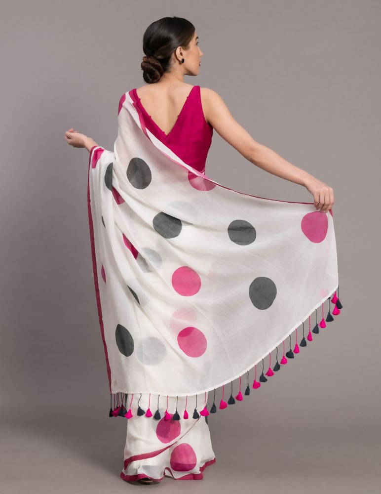 Suta White Pink Polka Dot Printed Pure Cotton Saree