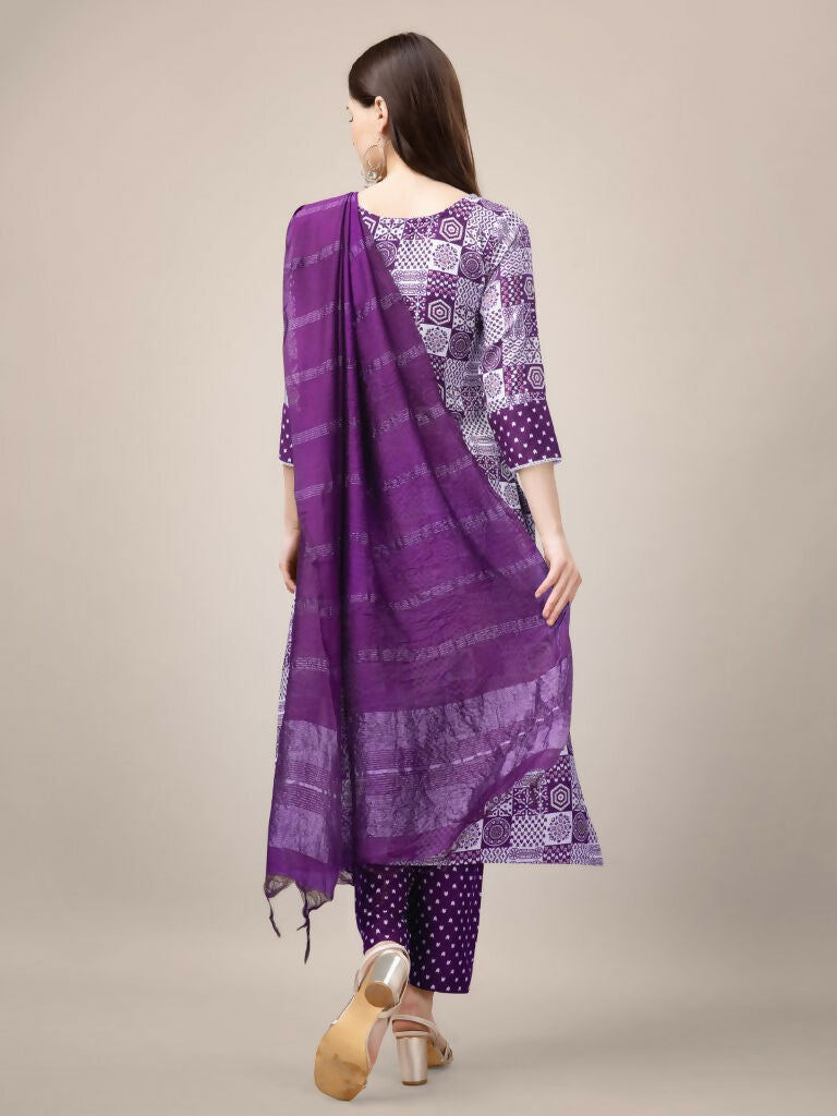 Jyoti Fashion Women's Purple Rayon Print with Embroidery & Fancy Lace Work Kurta with Trouser & Dupatta