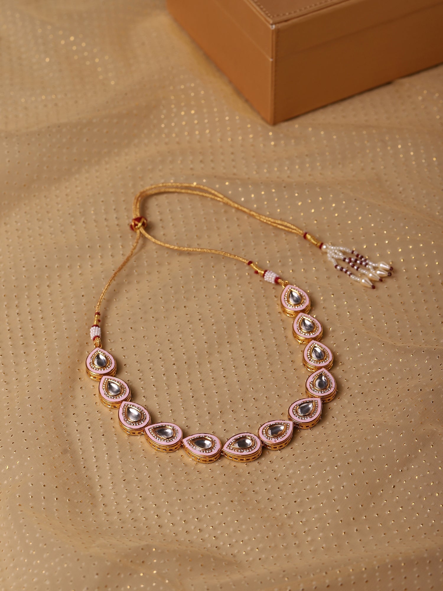 Pink Brass Gold-Polished Kundan Necklace - Ruby Raang