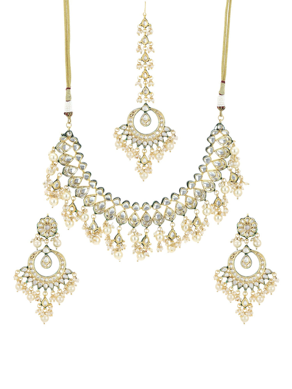 Gold-Polished Green Kundan-Studded Pearl Beaded Jewellery Set - Ruby Raang