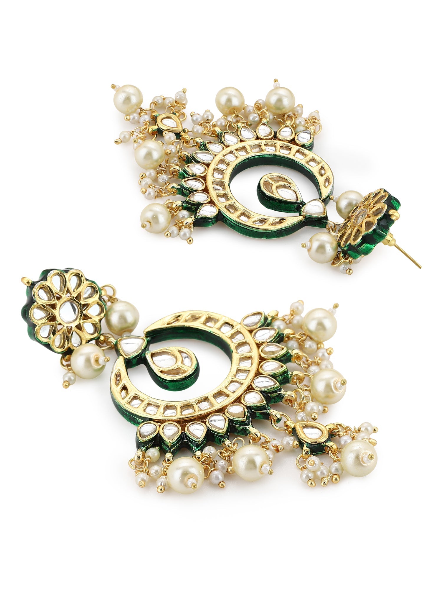 Gold-Polished Green Kundan-Studded Pearl Beaded Jewellery Set - Ruby Raang