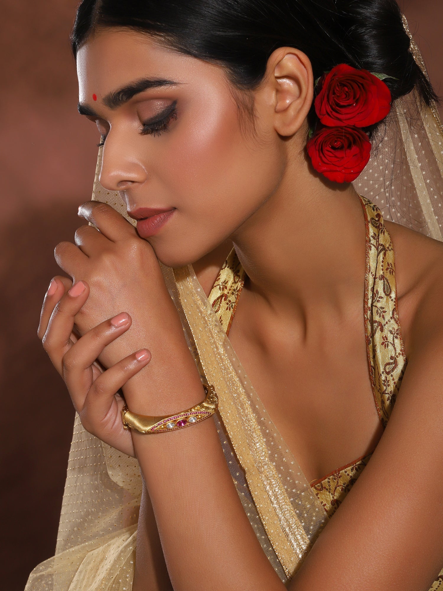 Women's Gold-Toned Pink Brass Kundan Handcrafted Gold-Polished Kada Bracelet - Ruby Raang