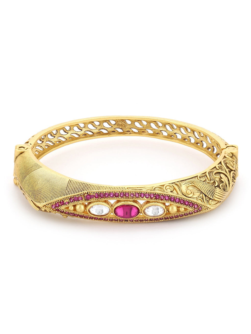 Women's Gold-Toned Pink Brass Kundan Handcrafted Gold-Polished Kada Bracelet - Ruby Raang
