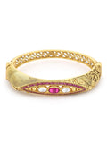 Women's Gold-Toned Pink Brass Kundan Handcrafted Gold-Polished Kada Bracelet - Ruby Raang