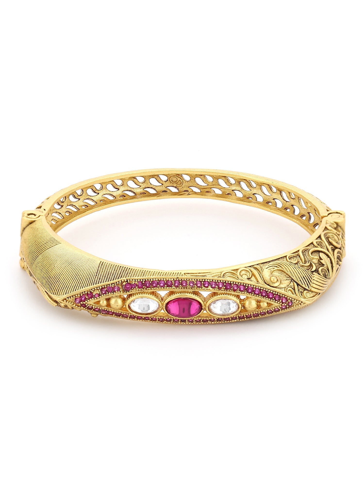 Women's Gold-Toned Pink Brass Kundan Handcrafted Gold-Polished Kada Bracelet - Ruby Raang
