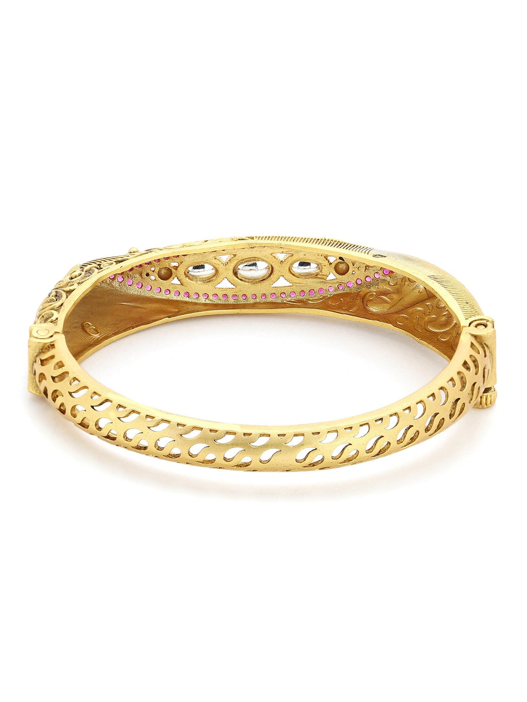Women's Gold-Toned Pink Brass Kundan Handcrafted Gold-Polished Kada Bracelet - Ruby Raang