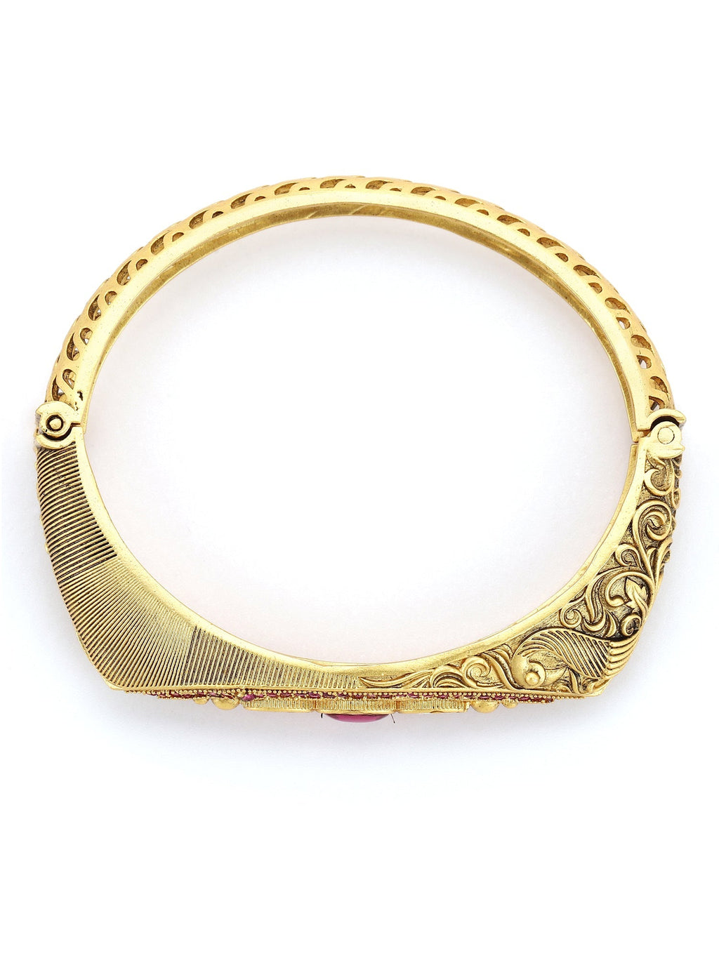 Women's Gold-Toned Pink Brass Kundan Handcrafted Gold-Polished Kada Bracelet - Ruby Raang