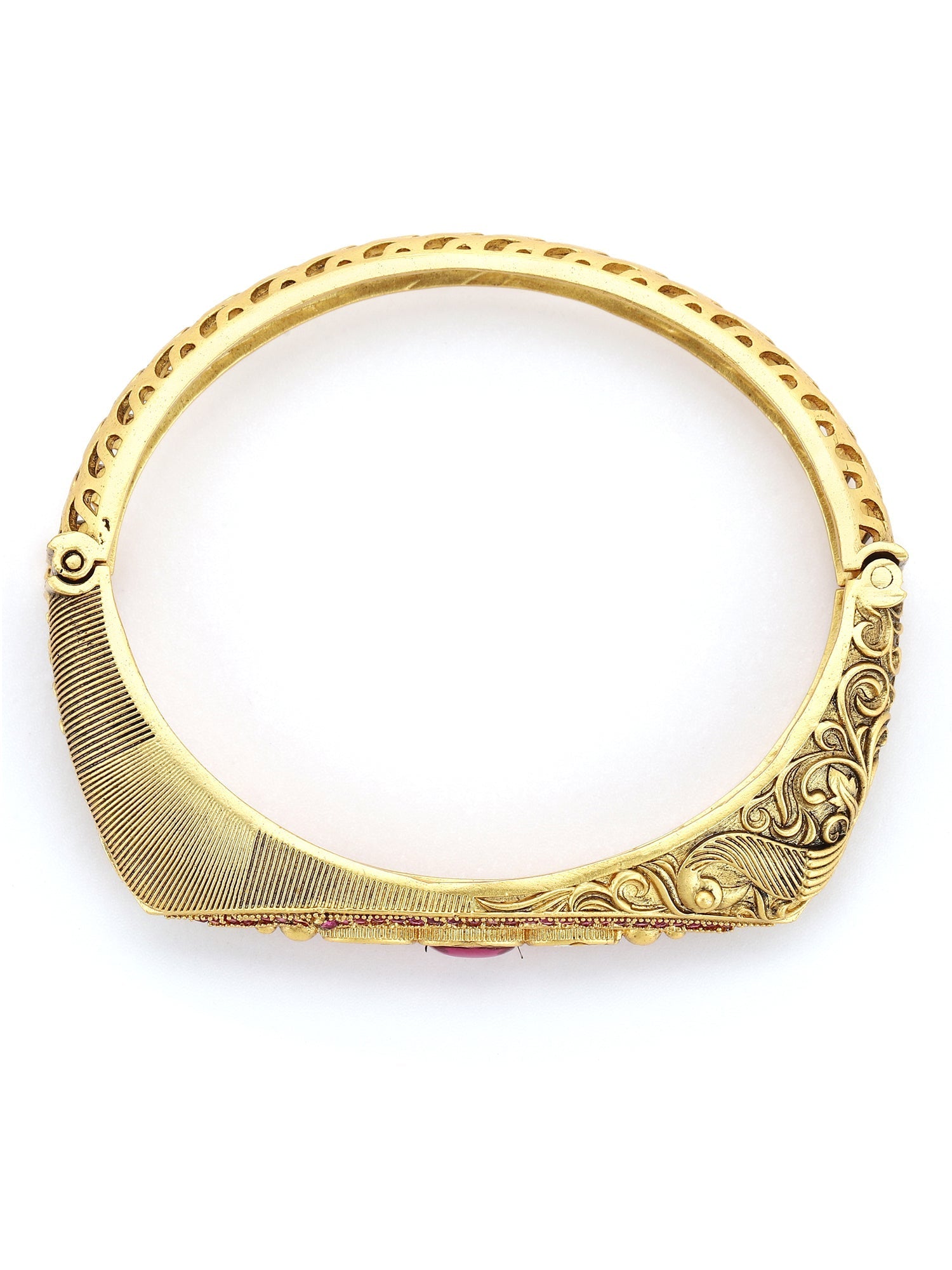 Women's Gold-Toned Pink Brass Kundan Handcrafted Gold-Polished Kada Bracelet - Ruby Raang