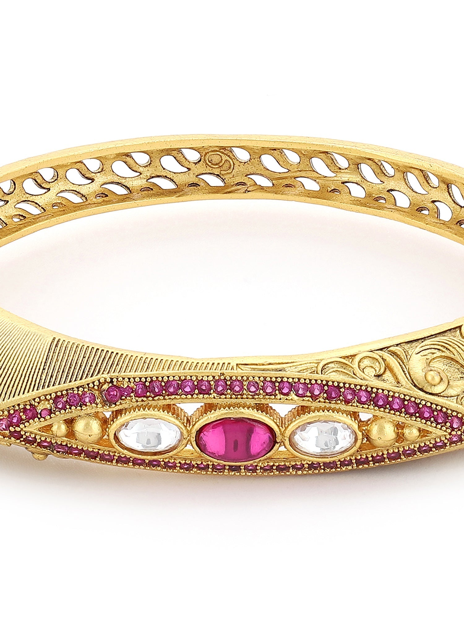Women's Gold-Toned Pink Brass Kundan Handcrafted Gold-Polished Kada Bracelet - Ruby Raang