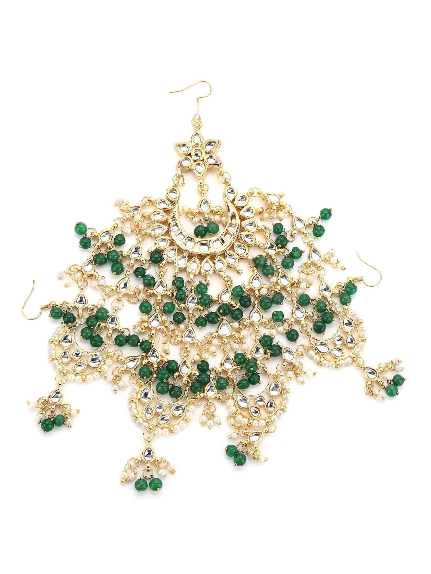 Gold-Polished White Green Kundan-Studded Beaded Jhoomar Passa - Ruby Raang